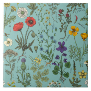 Carreau Collage de fleurs sauvages sur fond bleu