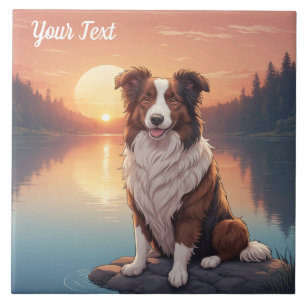 Carreau Collie rouge et blanc au bord du lac