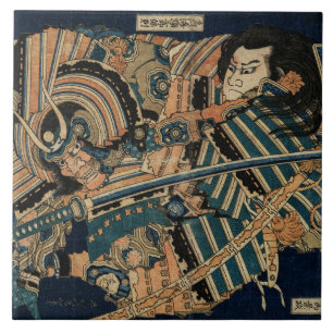 Carreau COMBAT SAMURAI AVEC DES ÉPÈRES KATANA par Hokusai