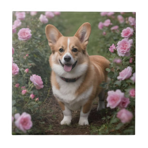 Carreau "Compagnie de charme : Un Corgi dans un jardin ros