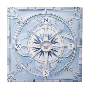Carreau Compas Rose Art Nouveau Faux Relief Bleu Nautique