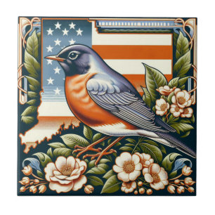Carreau Connecticut American Robin et State Flower Blue