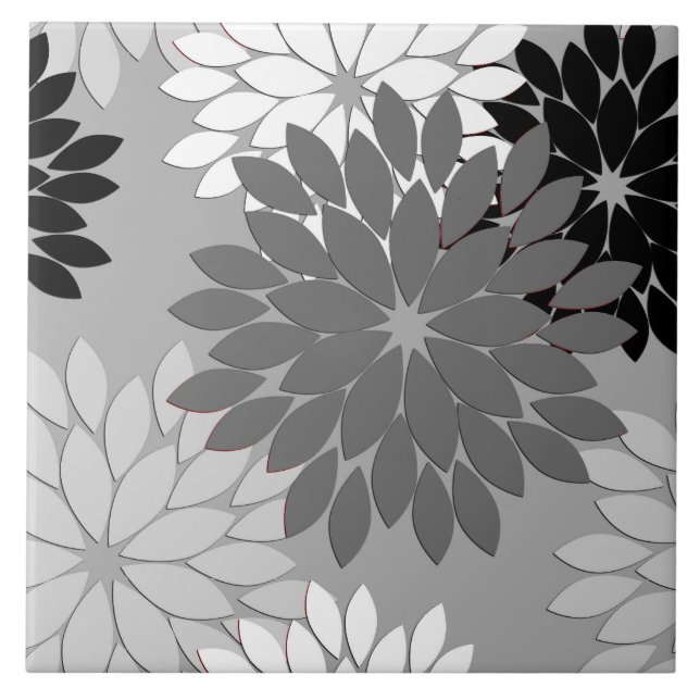 Carreau Copie florale moderne de kimono, gris, noir et (Devant)