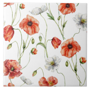 Carreau Coquelicots et fleurs sauvages blanches de prairie
