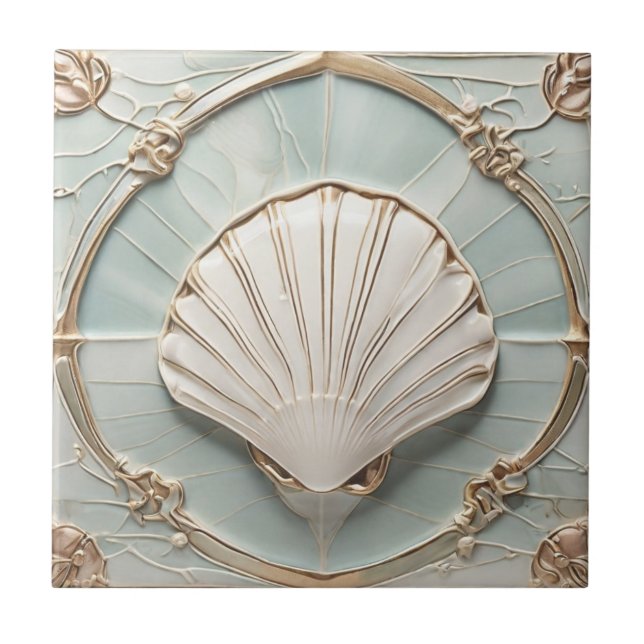 Carreau Coquillage Art Nouveau Faux Relief Mint Bleu & Or (Devant)