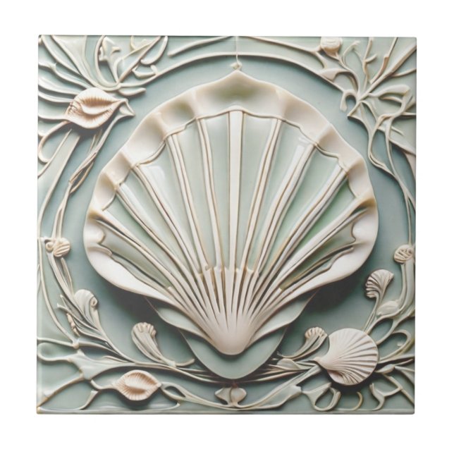 Carreau Coquillage blanc Art Nouveau Faux Relief Mint (Devant)