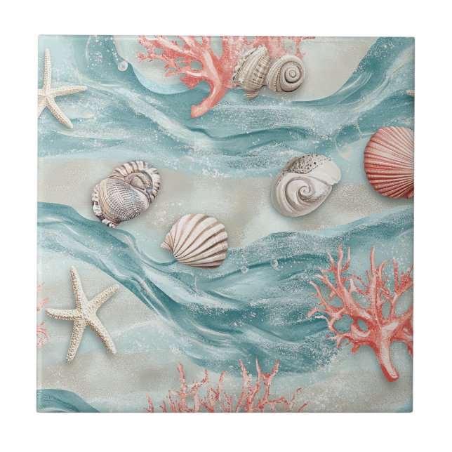 Carreau Coral Reef Seashells & Aqua Waves Pattern (12) (Devant)