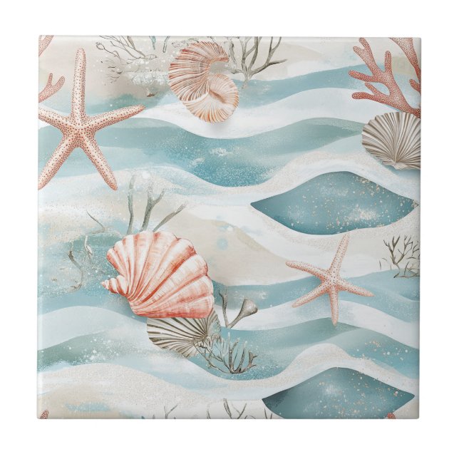 Carreau Coral Reef Seashells & Aqua Waves Pattern (4) (Devant)
