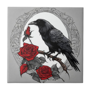 Carreau Corbeau noir gothique aux roses rouges