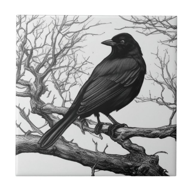 Carreau Corbeau perché sur des branches nues d'hiver (Devant)