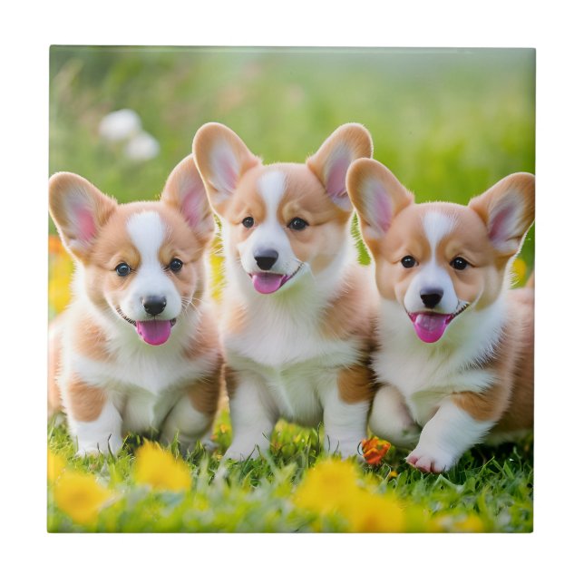 Carreau Corgies jouant dans l'herbe (Devant)