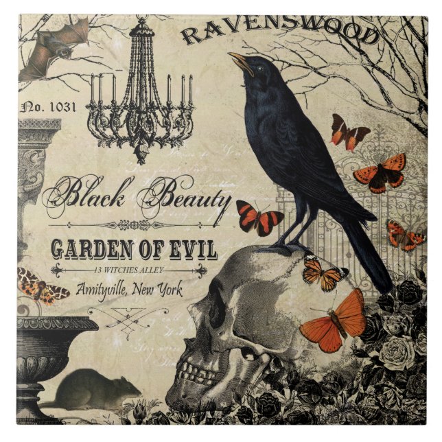 Carreau corneille et crâne vintages modernes de Halloween (Devant)