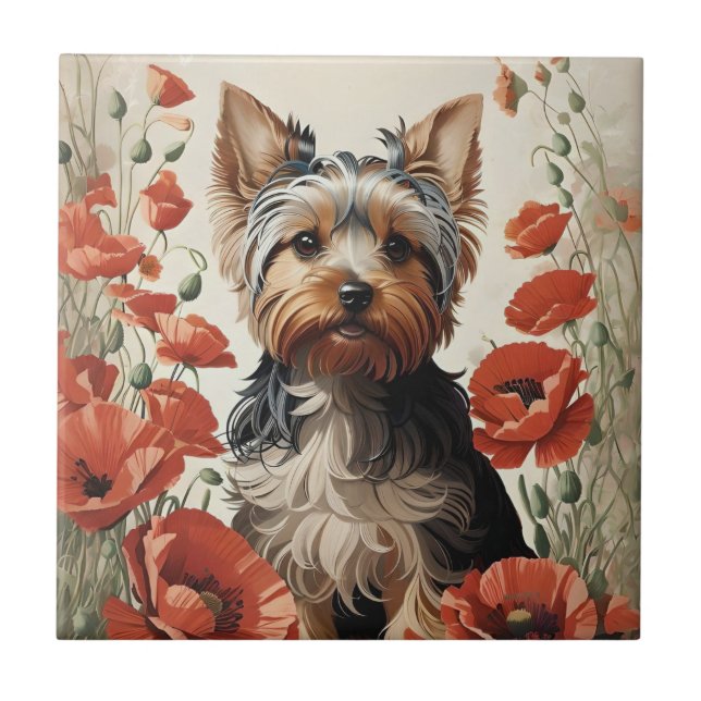 Carreau Corte Yorkshire Terrier Botanique Poppies rouges (Devant)