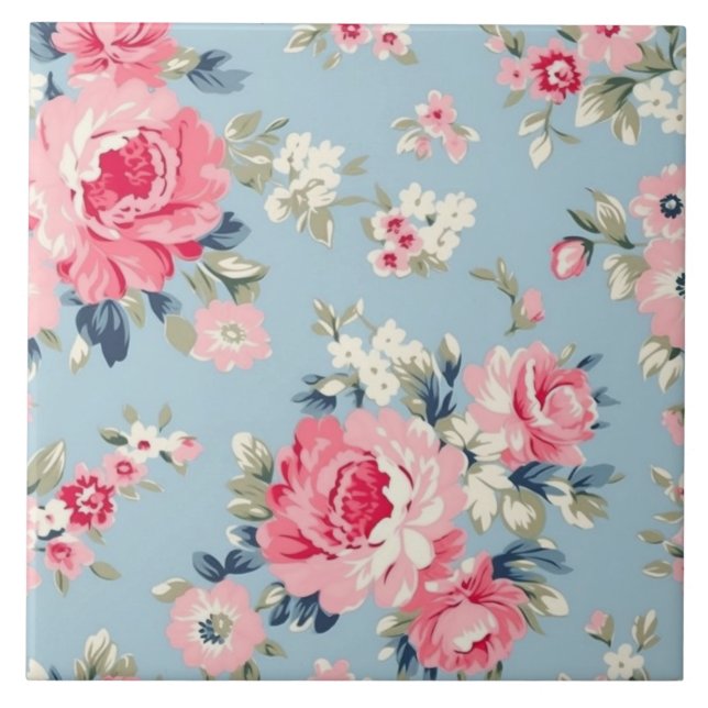 Carreau Cottage Roses roses sur Arrière - plan bleu (Devant)