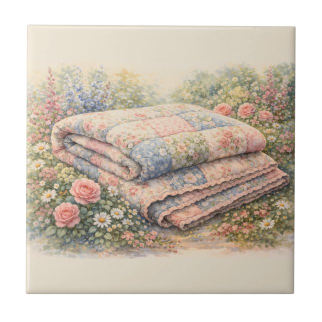 Carreau Cottagecore Floral Patchwork Quilt Watercolor (Devant)