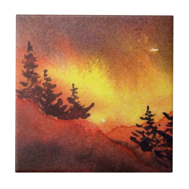 Carreau Coucher de soleil art original Pine Tree Tile (Devant)