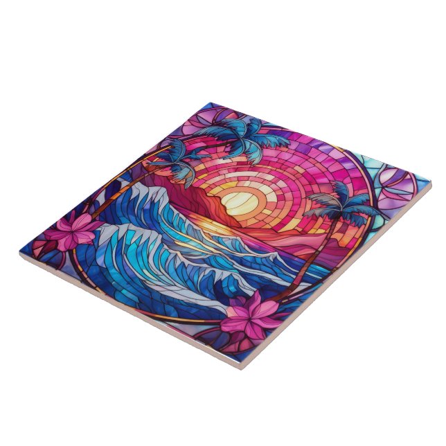 Carreau Coucher de soleil rose de l'île tropicale Vitrail (Côté)