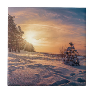 Carreau Coucher de soleil sur la côte de la mer d'hiver