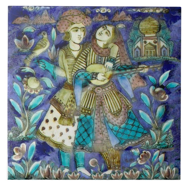 Carreau Couple de charme avec oiseaux, Perse de jute 1800  (Devant)