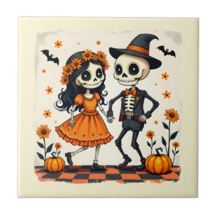 Carreau Couple de squelettes d'Halloween mignon en orange