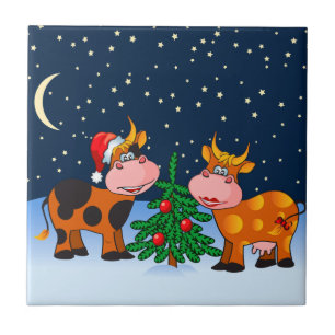 Carreau Couples doux de vache à Joyeux Noël par l'arbre de