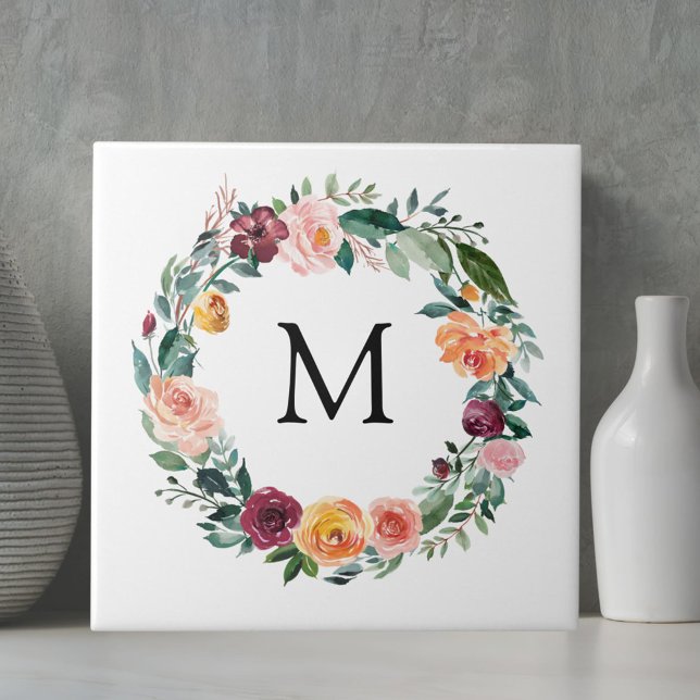 Carreau Couronne de fleurs de rose d'automne Monogramme  (Close up)