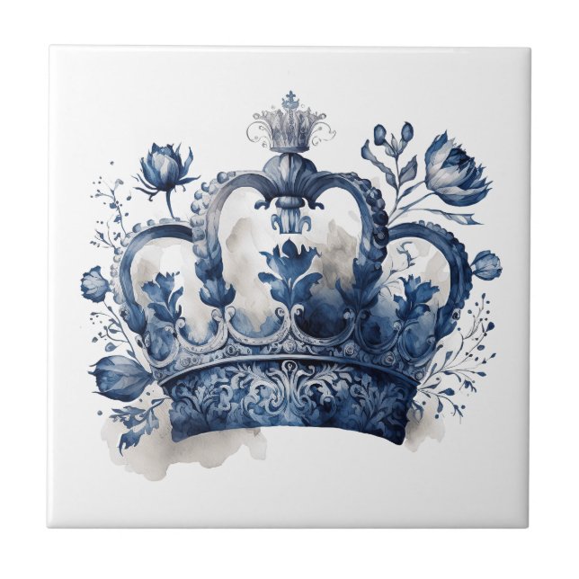 Carreau Couronne de style Delft bleu et blanc avec fleurs (Devant)