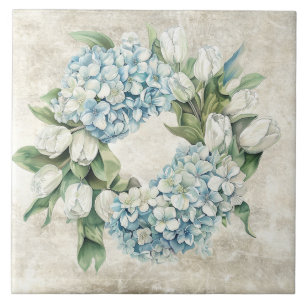 Carreau Couronne d'hydrangeas et de tulipes aquarelle bleu