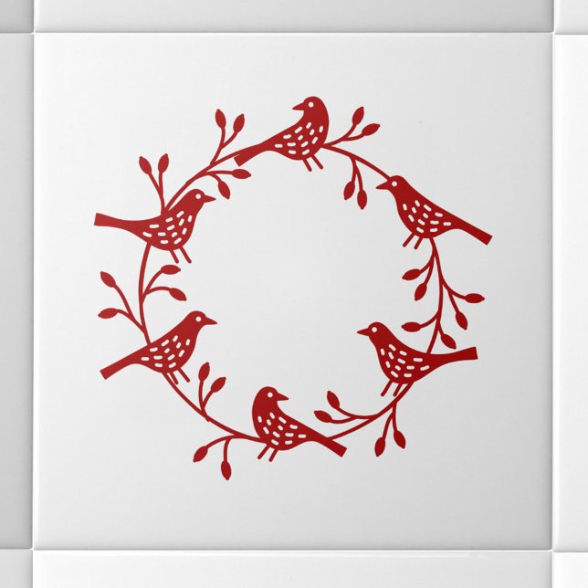 Carreau Couronne scandinave moderne d'oiseaux et de rosehi (Scandinavian red and white bird wreath ceramic tile)