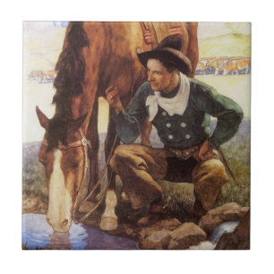 Carreau Cowboy arroser son cheval par NC Wyeth, Art Vintag