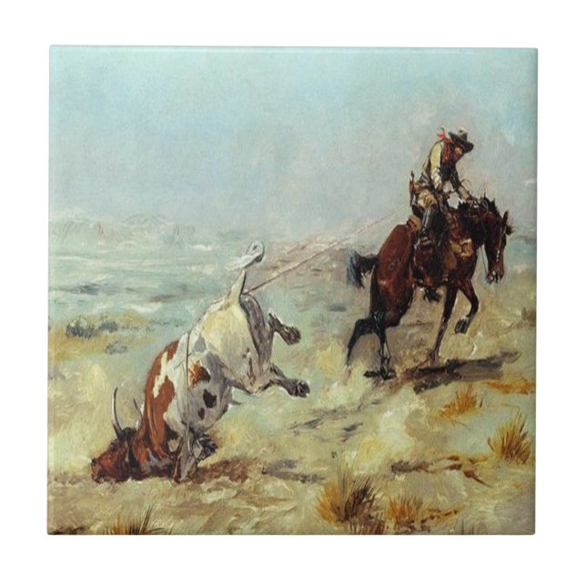Carreau Cowboy occidental Roping un boeuf (Devant)