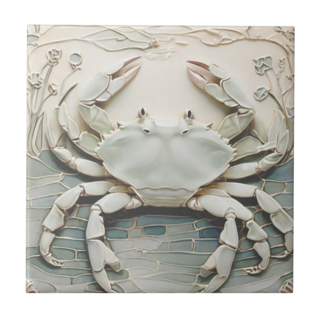 Carreau Crabe Art Nouveau Faux Relief Blanc & Mint Pastel (Devant)