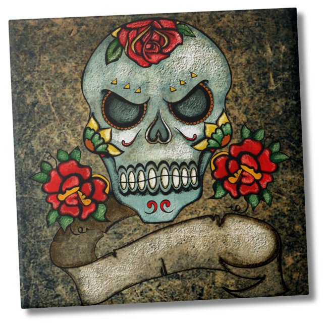 Carreau Crâne à sucre de fleurs (Dia De Los Muertos Rose Sugar Skull Ceramic Tile)