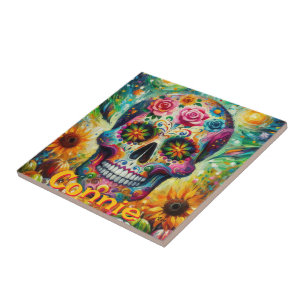 Carreau Crâne à sucre Roses tournesol personnalisé