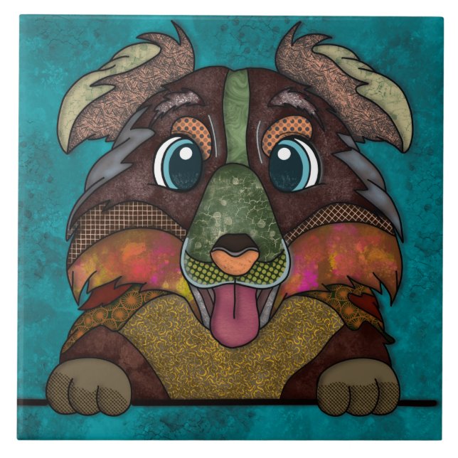 Carreau Crazy Australian Shepherd'hideux visage de chien (Devant)