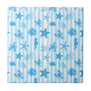 Carreau Créatures marines bleues Motif nautique doodle