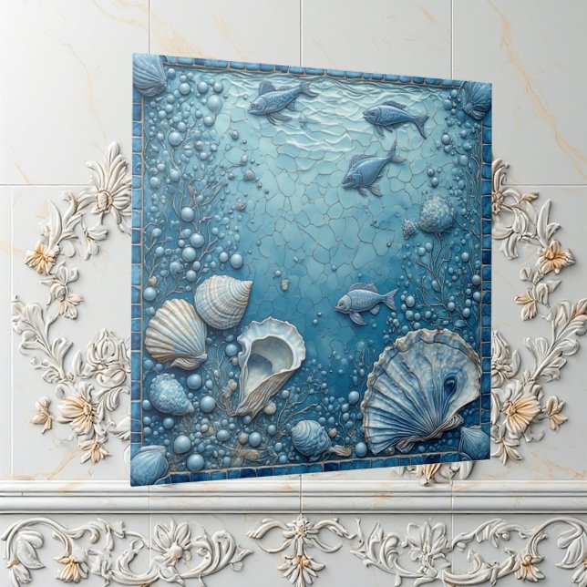 Carreau Crédence Aquatique Coquillage Bulle Sous-Marine (Seashell Aquatic Fish Underwater Bubble Backsplash Ceramic Tile)