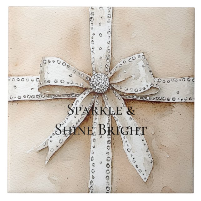 Carreau Crème Blanc Argent Glitzy Glam Bow anniversaire (Devant)