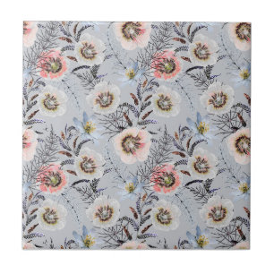 Carreau Crème, fleurs florales sur gris clair
