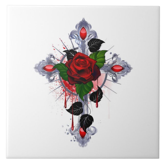 Carreau Croix d'argent avec une rose rouge (Devant)
