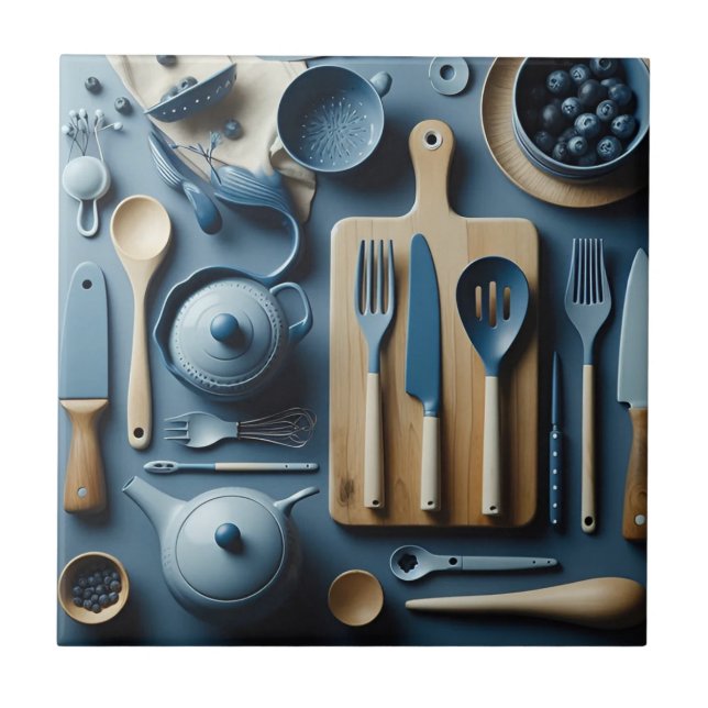 Carreau Cuisine Bleue Cuisine Ustensiles Papier Peint Esth (Devant)