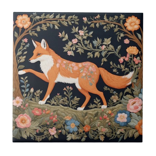 Carreau Curieux Fox Faux Broderie Élégant Floral (Devant)