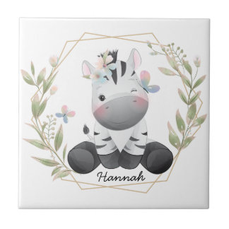 Carreau Cute Baby Zebra Flower Wreath Nom personnalisé