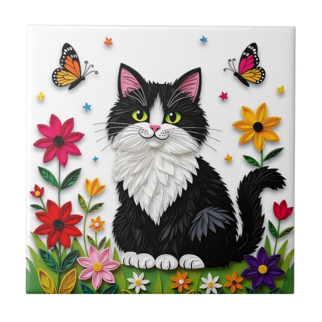 Carreau Cute Black and White Cat, Flowers and Butterflies (Devant)
