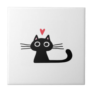 Carreau Cute Black Cat with Heart Kitten Valentine Classi