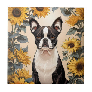 Carreau Cute Boston Terrier Yellow Sunflowers
