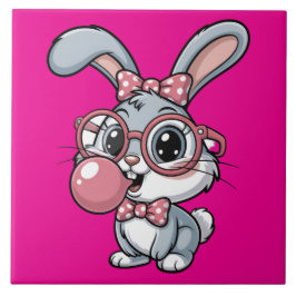 Carreau Cute Bunny with Glasses Blowing Bubble Gum