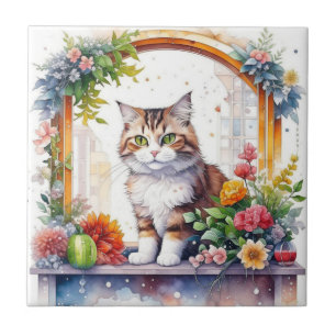 Carreau Cute Chat Whimsical en fenêtre de fleurs