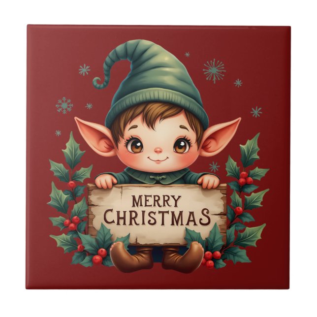 Carreau Cute Christmas Elf Holding Merry Sign (Devant)