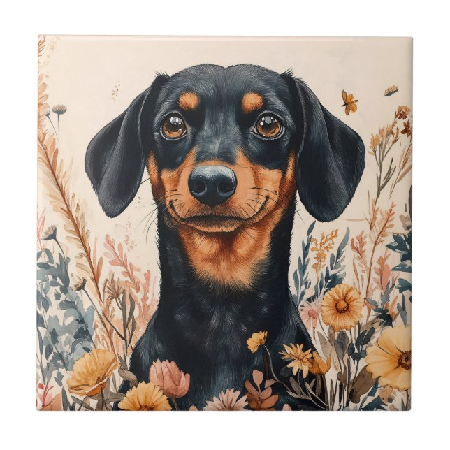 Carreau Cute Dachshund avec peinture Fleur sauvage (Devant)